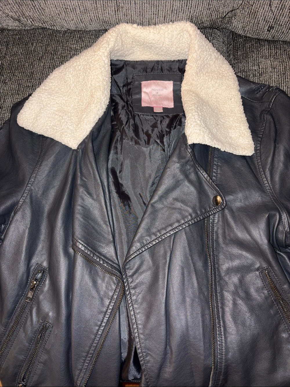 Romeo & Juliet Couture Black Faux Leather Jacket with Cream Sherpa Collar